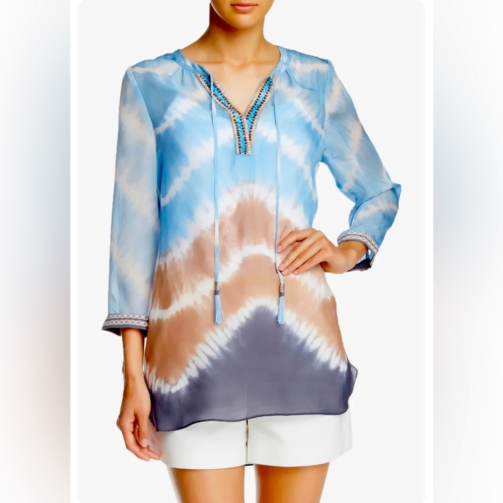 HALE BOB WOMEN'S TUNIC-BLOUSE SILK TIE DYE PATTERN TAUPE X-SMALL MSRP235